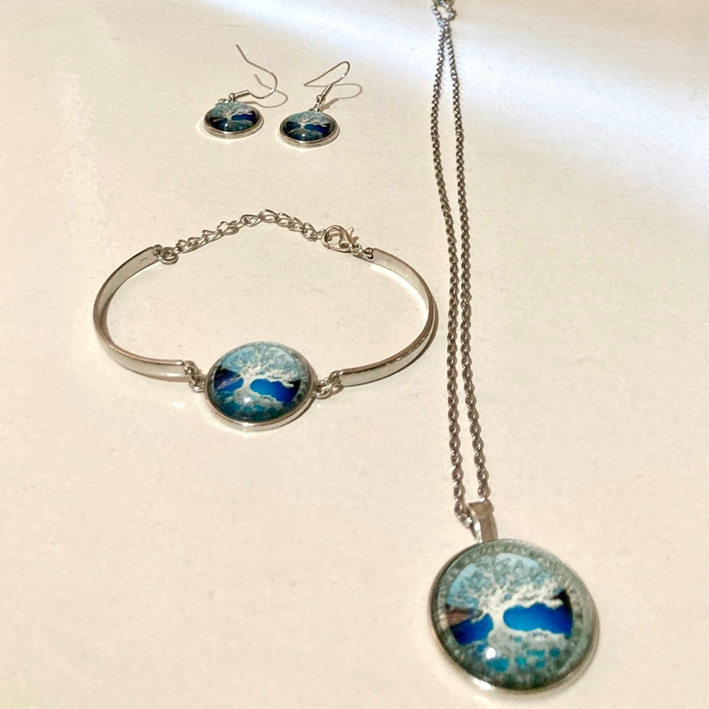Tree of Life Design 3 piece set- Silverstone Earrings, Necklace, And Bracelet!